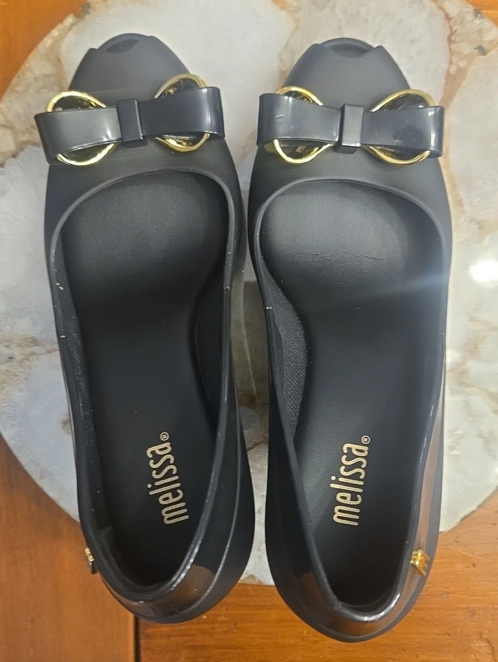 Nib Melissa Black Peep-Toe Wedge Heels with Gold Accent Size 6
